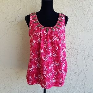Boden Red Print Beaded Sleeveless Tank Top